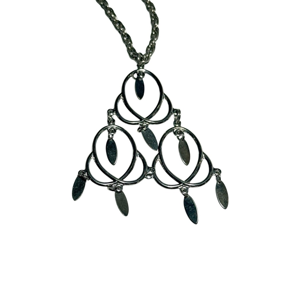 Vtg Silver Tone Chandelier Pendant Necklace Boho Retro Statement Jewelry